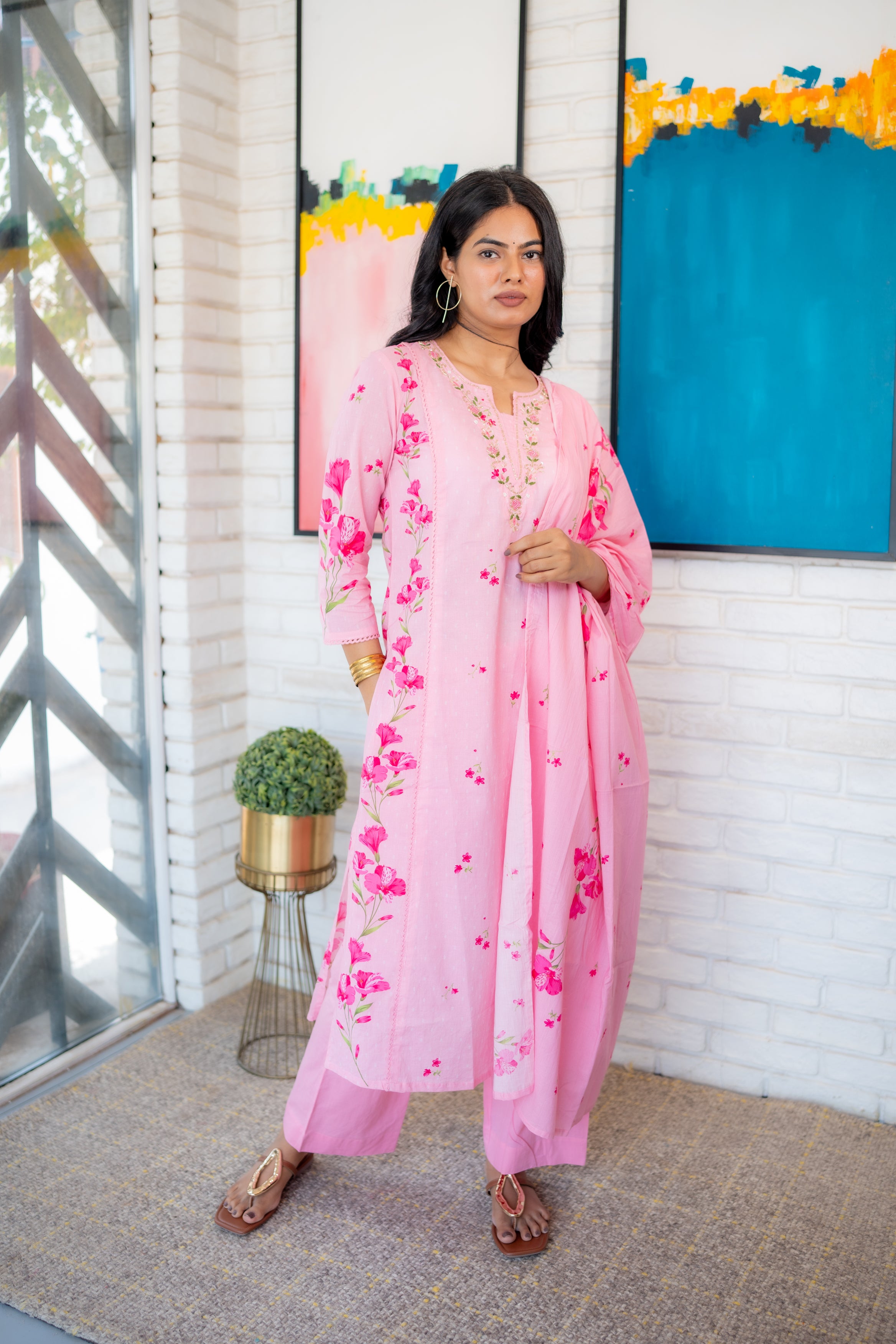 Tanauri Pink Cotton Kurta with Floral Embroidery and Matching Dupatta