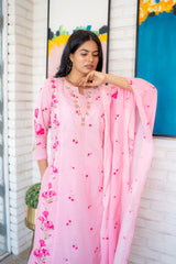 Breathable Cotton Kurta with Coordinated Pants and Floral Dupatta