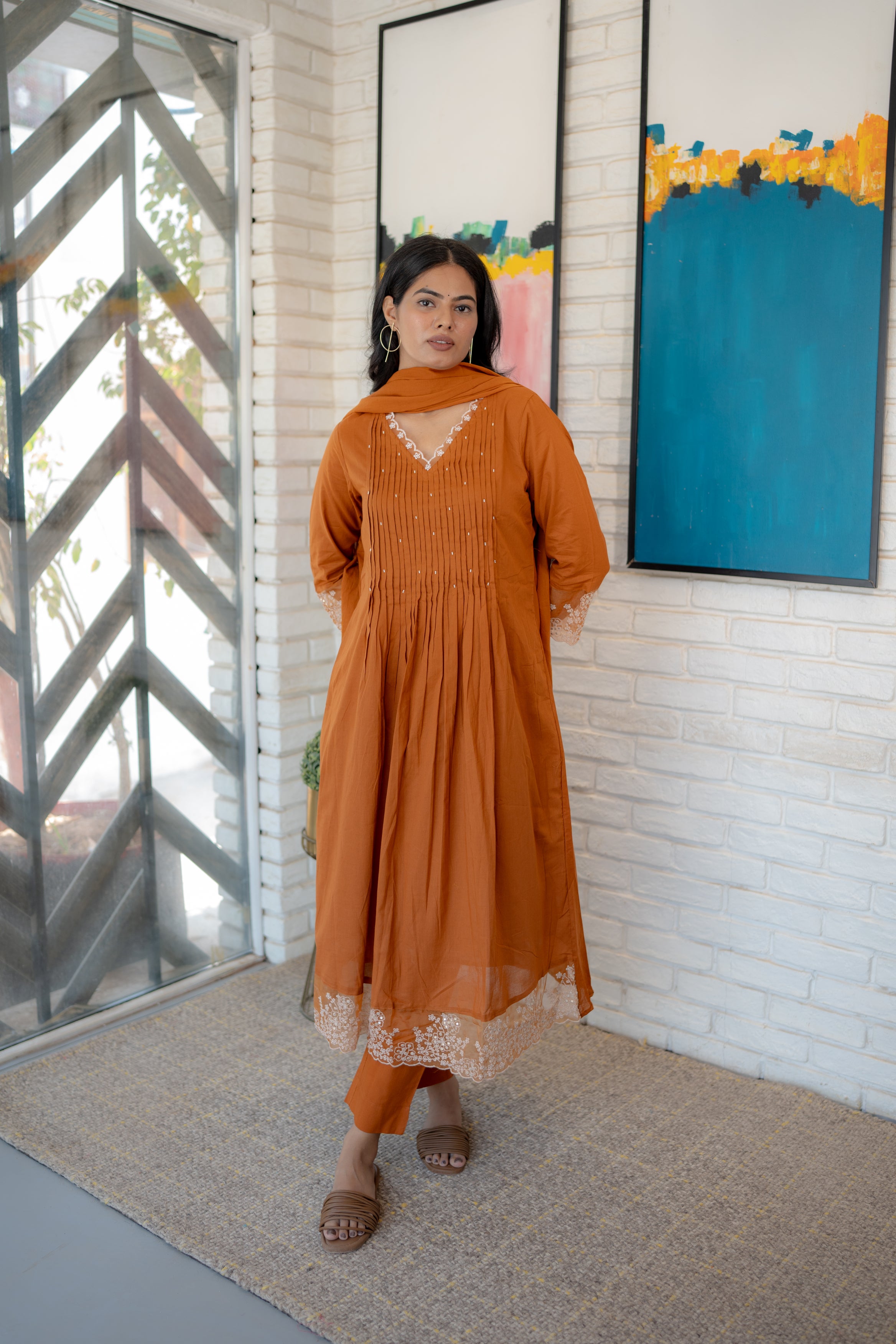 Sun-lit Dupatta Set – Rust Orange Cotton Kurta Set by Tanauri