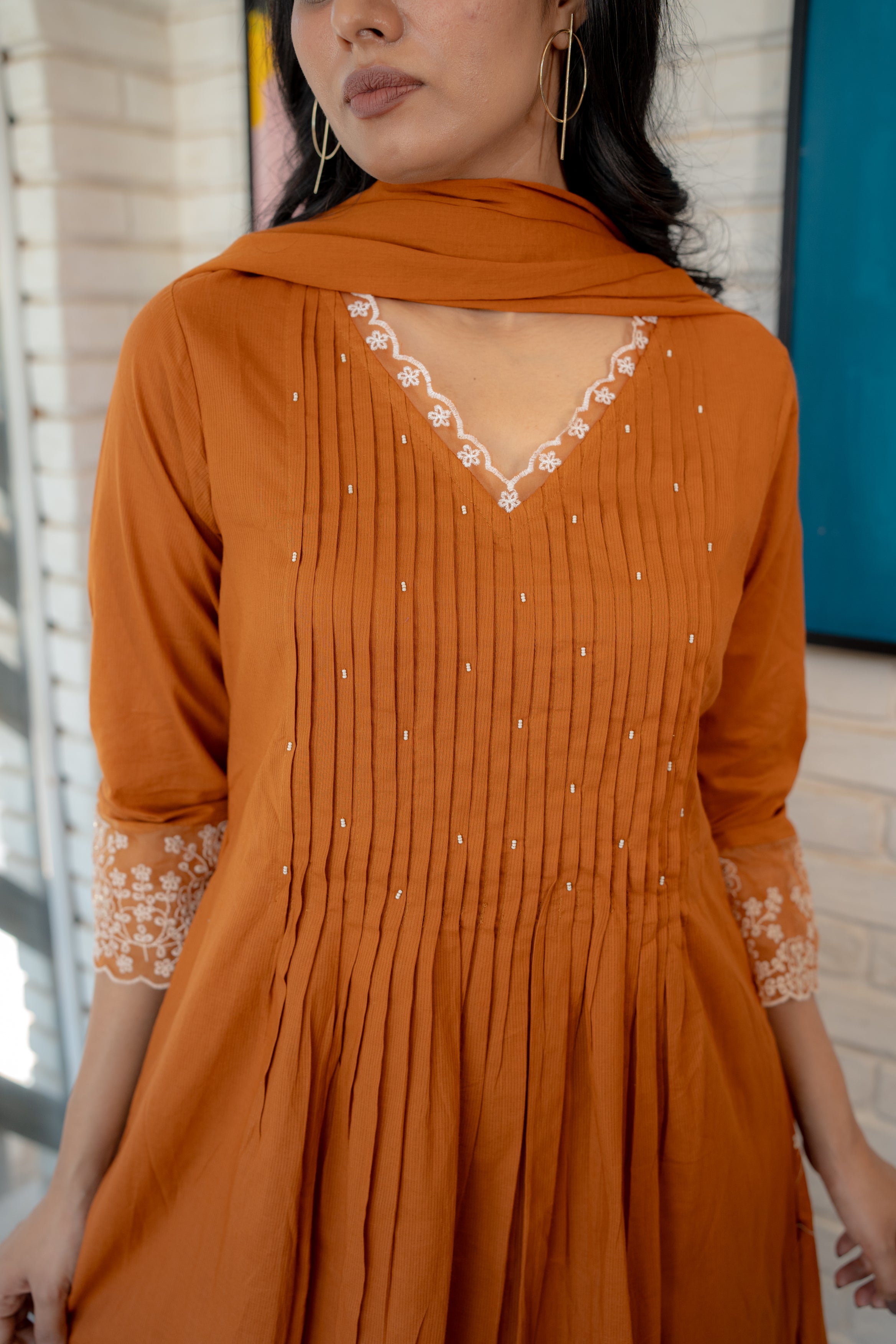 Sun-lit Dupatta Set – Rust Orange Cotton Kurta Set by Tanauri