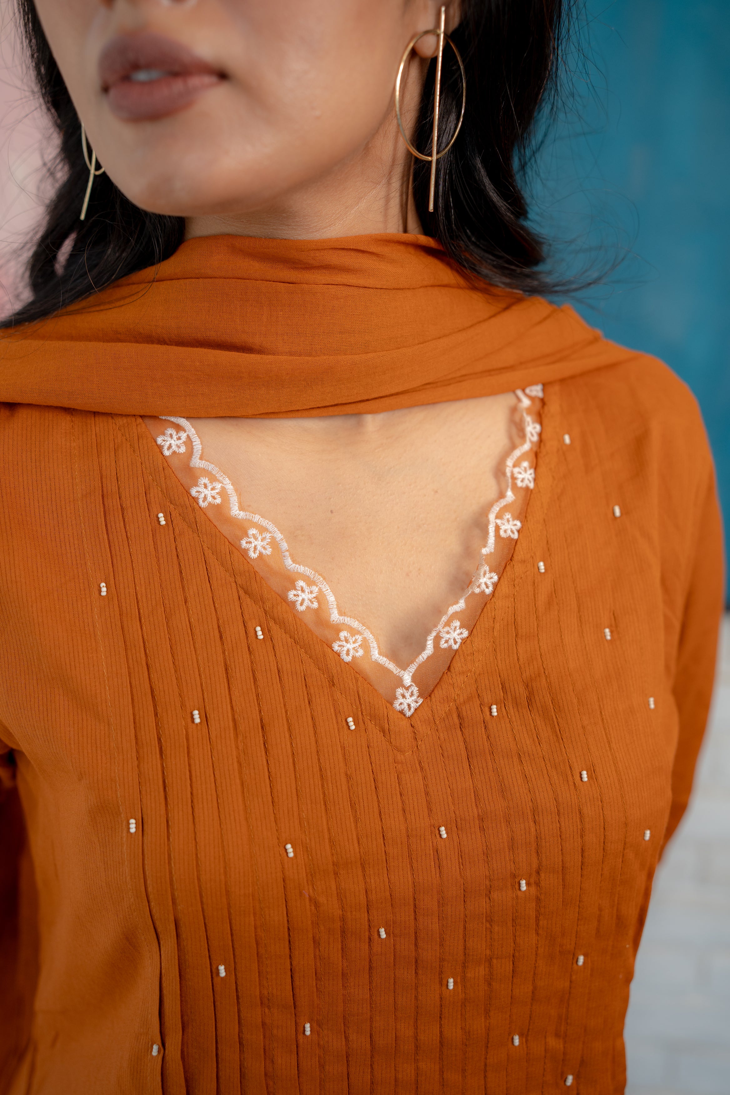 Lightweight Cotton Kurta Dupatta Set in Rust Orange