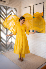 Sunshine Dupatta Set – Yellow Floral Embroidered Cotton Kurta by Tanauri