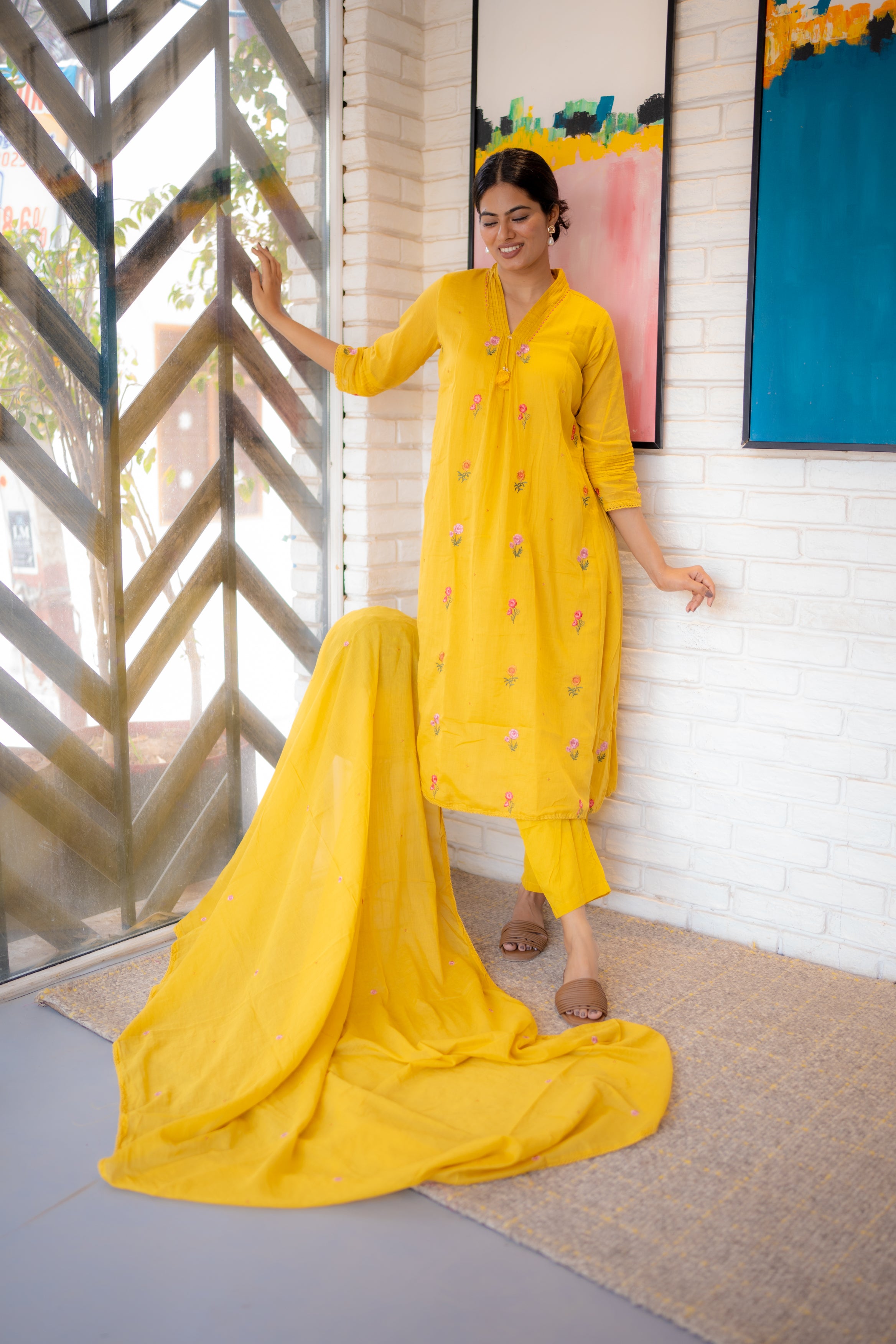 Tanauri Sunshine Yellow Cotton Kurta with Matching Dupatta