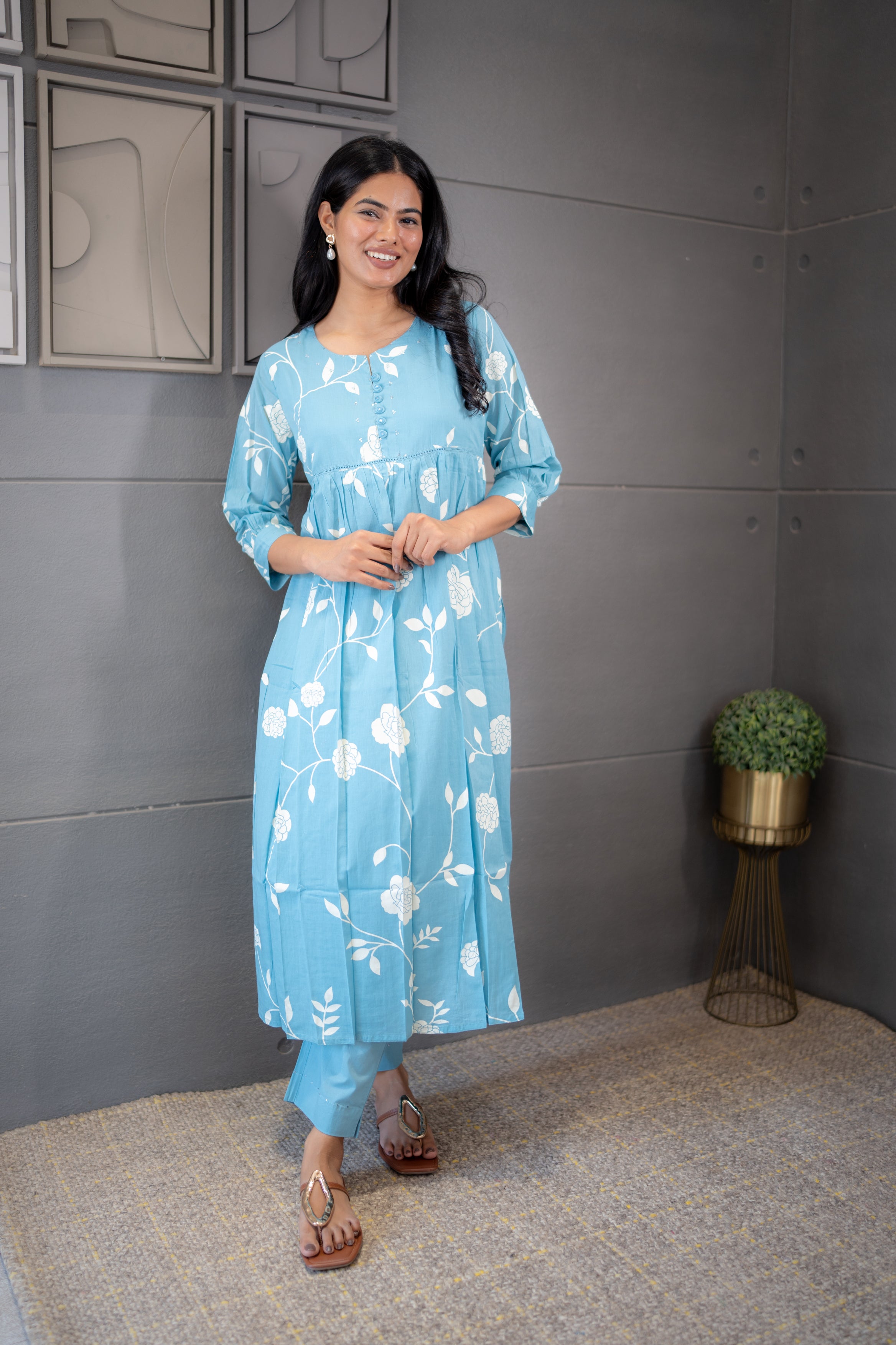 Neelkamal Kurta Set – Sky Blue Floral Cotton Kurta Set by Tanauri