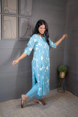 Elegant Sky Blue Printed Kurta with Matching Pants 