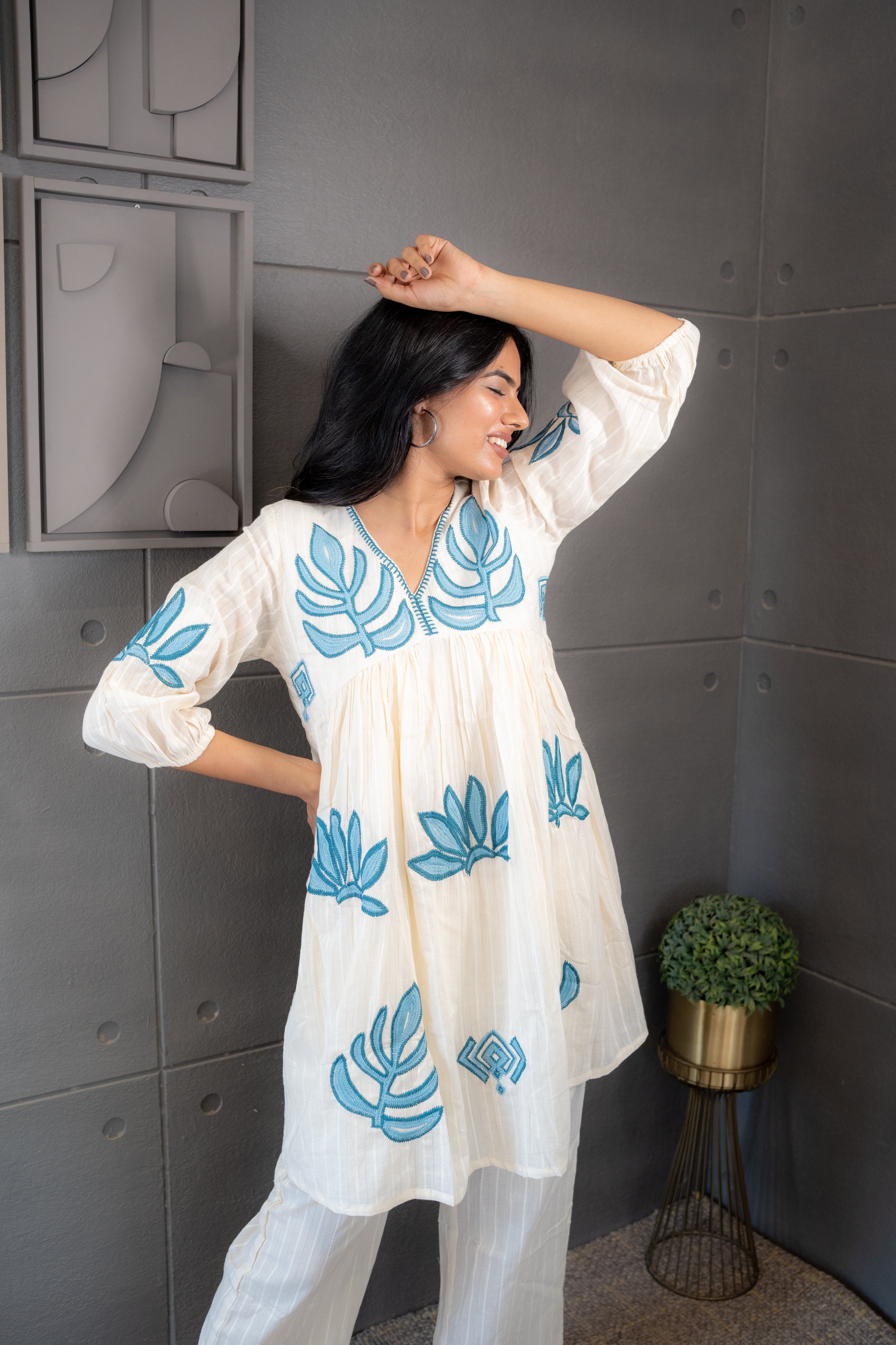 Ivory Cotton Co-ord Kurta Set with Exquisite Blue Lotus Detailing