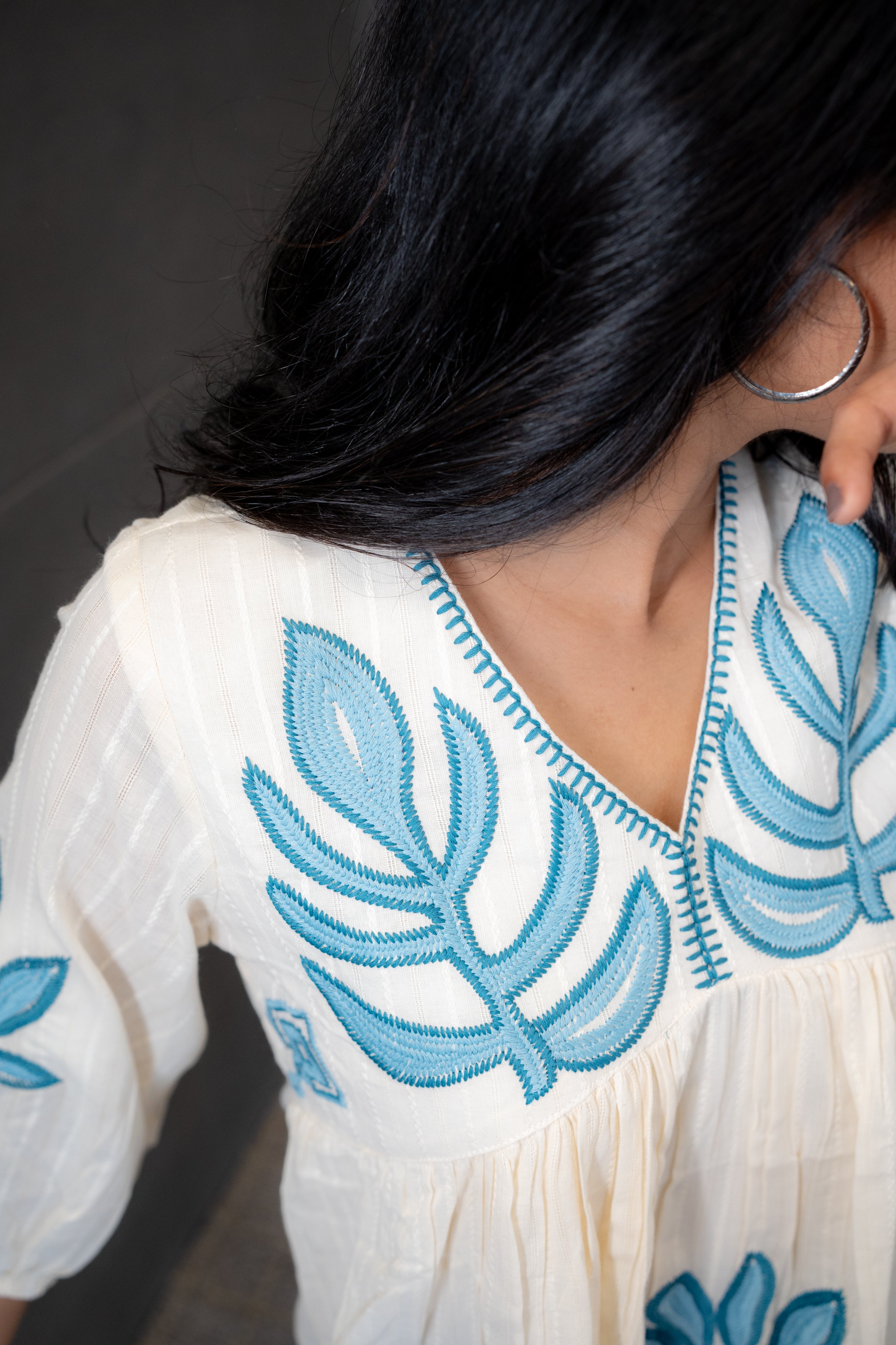 Ivory Cotton Co-ord Kurta Set with Exquisite Blue Lotus Detailing