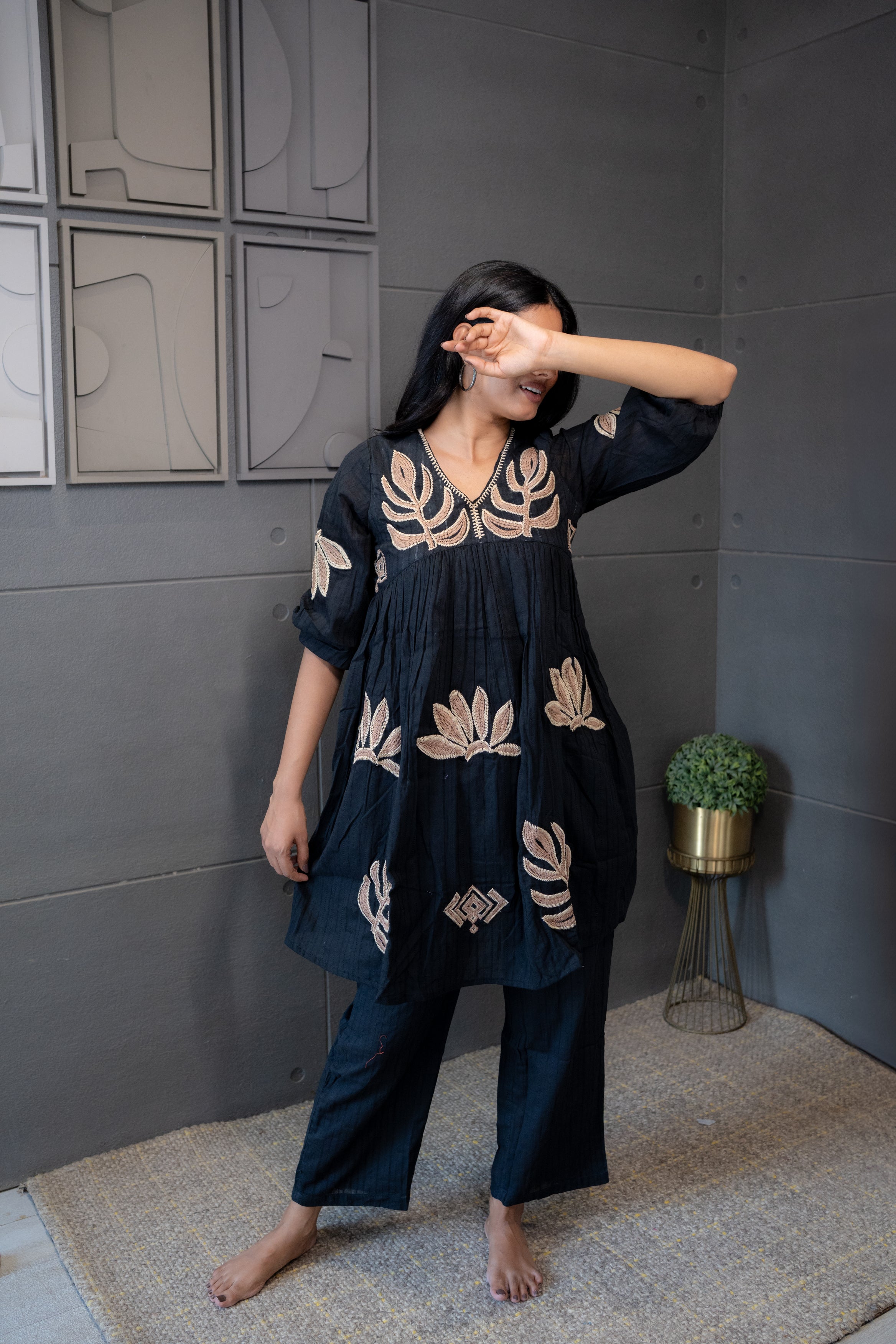 Beige Gold Embroidered Cotton Kurta Set for Women