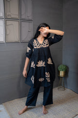 Beige Gold Embroidered Cotton Kurta Set for Women