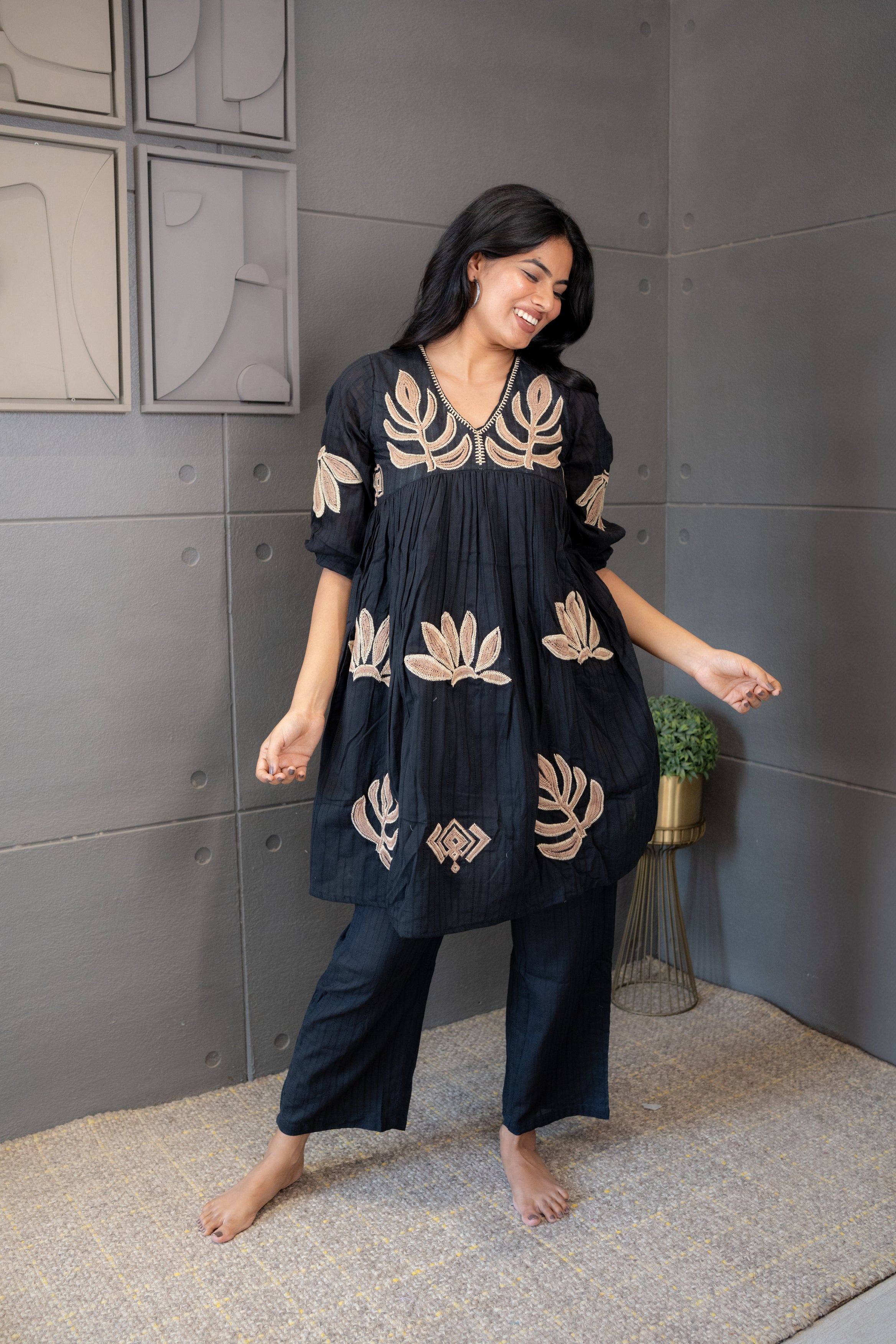 Festive Beige Cotton Kurta and Pant Set with Gold Embroidery