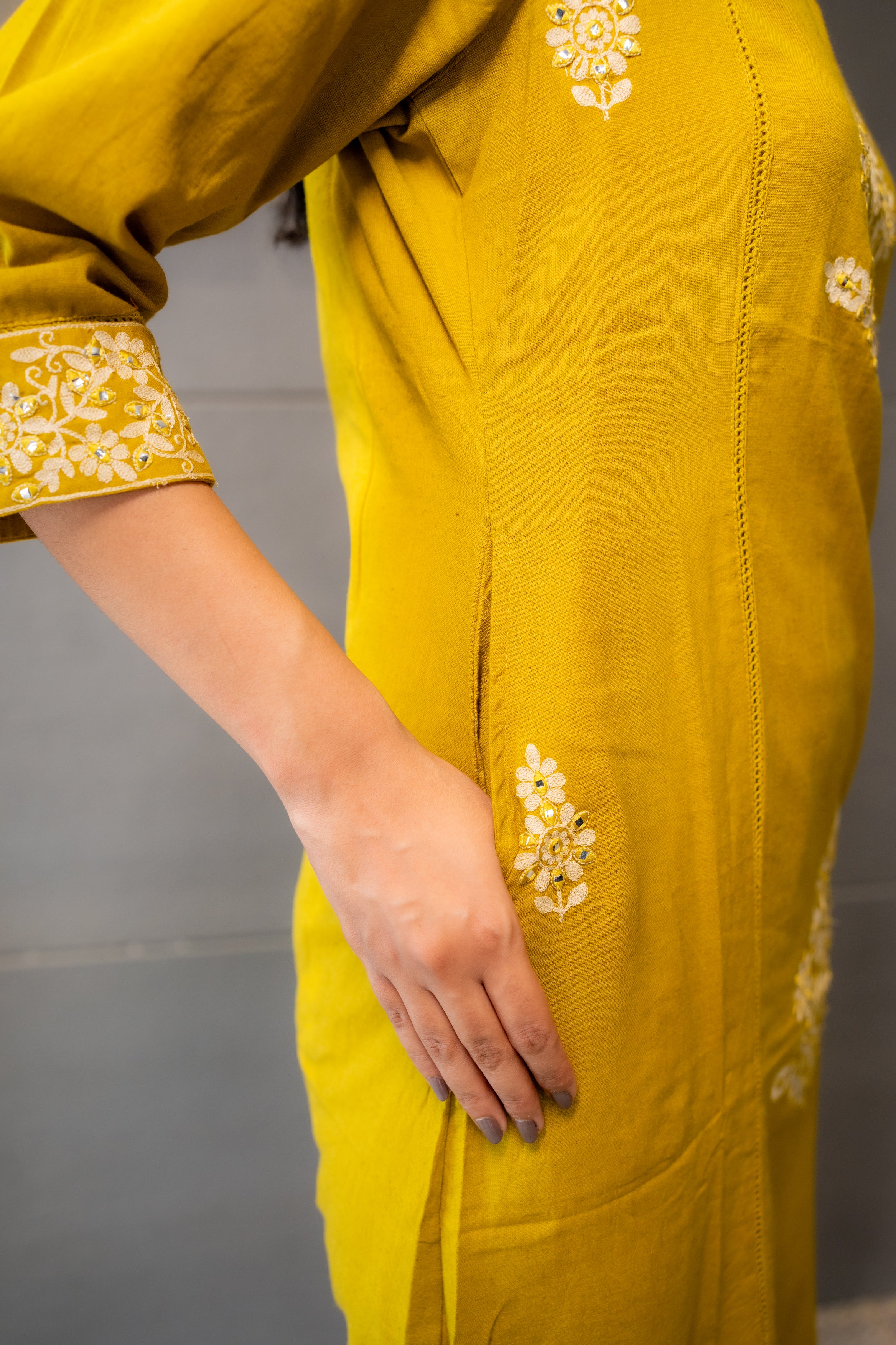 Breathable Cotton Kurta Set with White Embroidery for Women