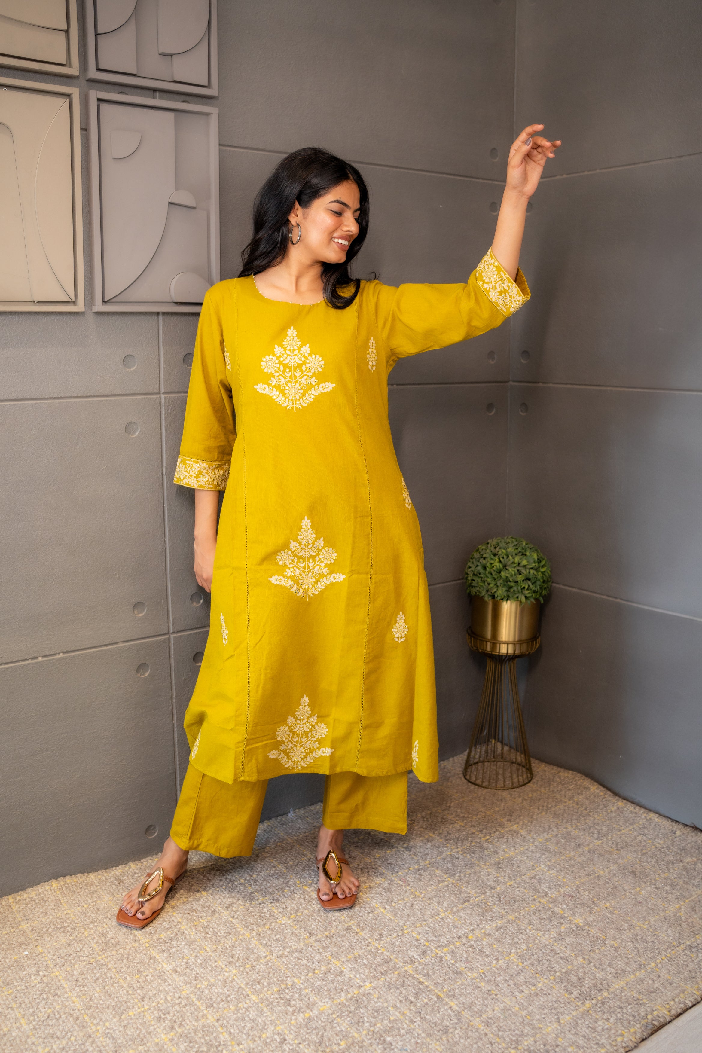 Breathable Cotton Kurta Set with White Embroidery for Women