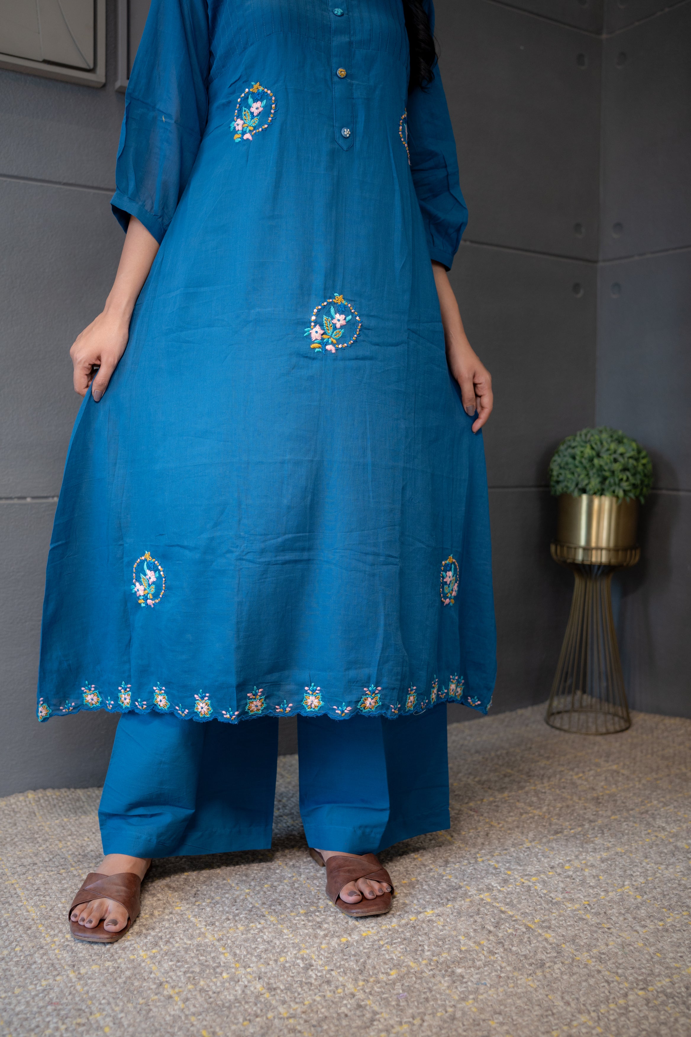 Deep Blue Mul Cotton Kurta Set – Floral Embroidered Ethnic Wear