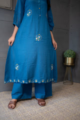 Deep Blue Mul Cotton Kurta Set – Floral Embroidered Ethnic Wear