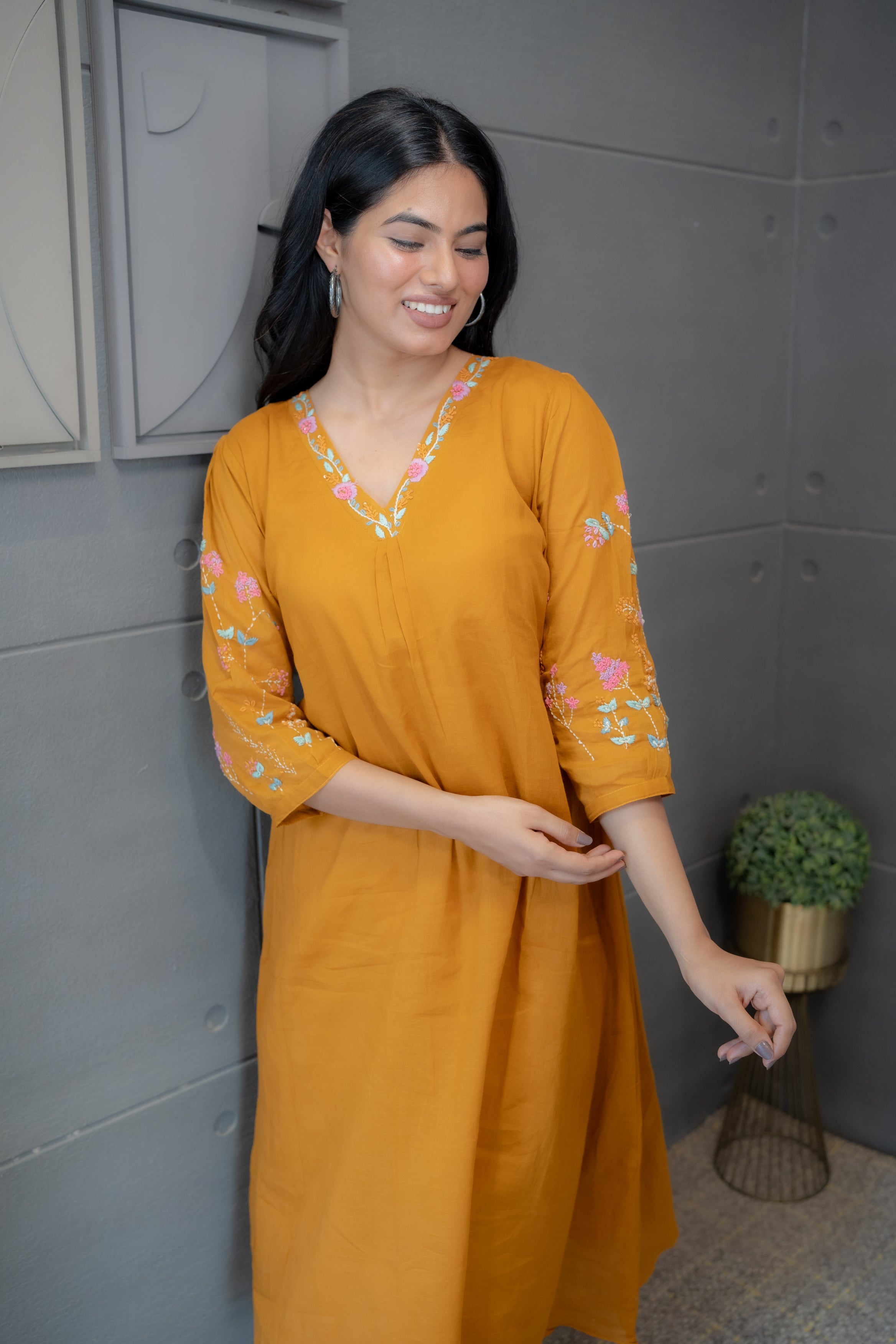Blooming Yellow Mul Cotton Kurta Set with Pink & Turquoise Floral Embroidery – Tanauri