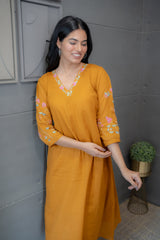 Blooming Yellow Mul Cotton Kurta Set with Pink & Turquoise Floral Embroidery – Tanauri