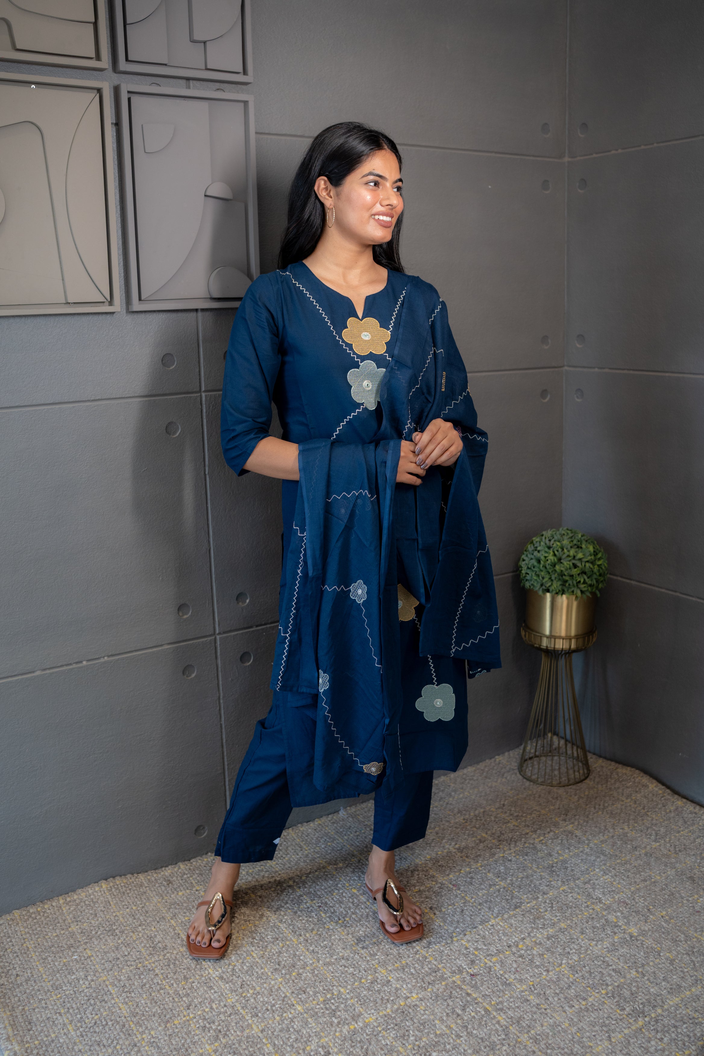 Tanauri Cotton Kurta Set with Floral Embroidery and Matching Dupatta
