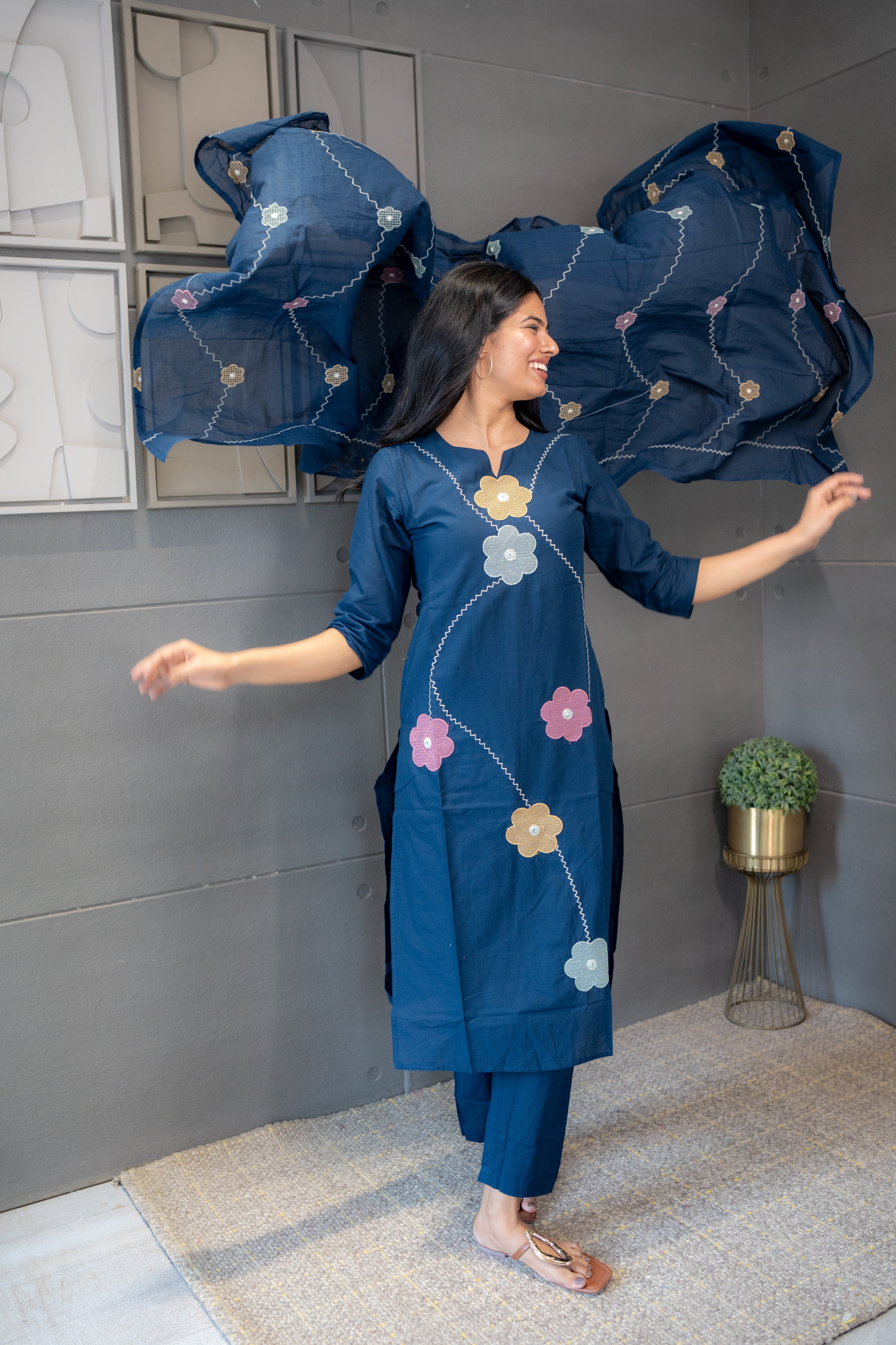 Tana Bana Dupatta Set – Premium Floral Embroidered Cotton Kurta Set by Tanauri