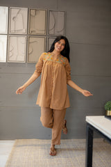 Tanauri Brown Mul Cotton Co-Ord Set with Embroidery