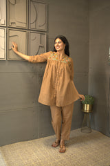 Brown Bliss Co-Ord Set – Floral Embroidered Mul Cotton by Tanauri