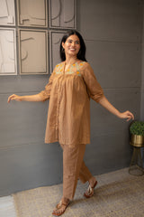 Floral Work Brown Co-Ord Set in Soft Mul Cotton