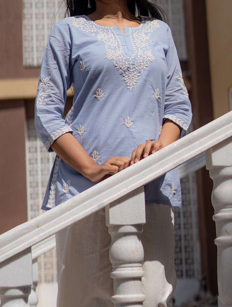 Blue Embroidered Top (Special Mul-Cotton)