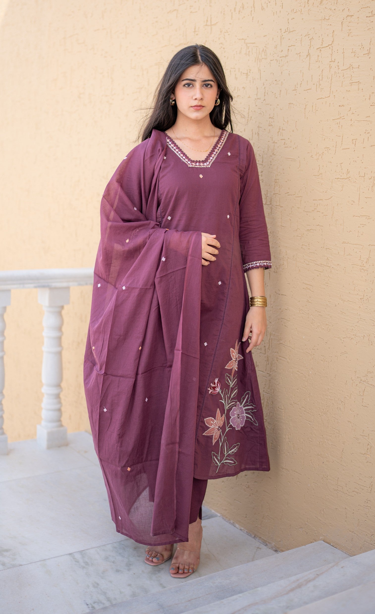 Wine Blossom Dupatta Set