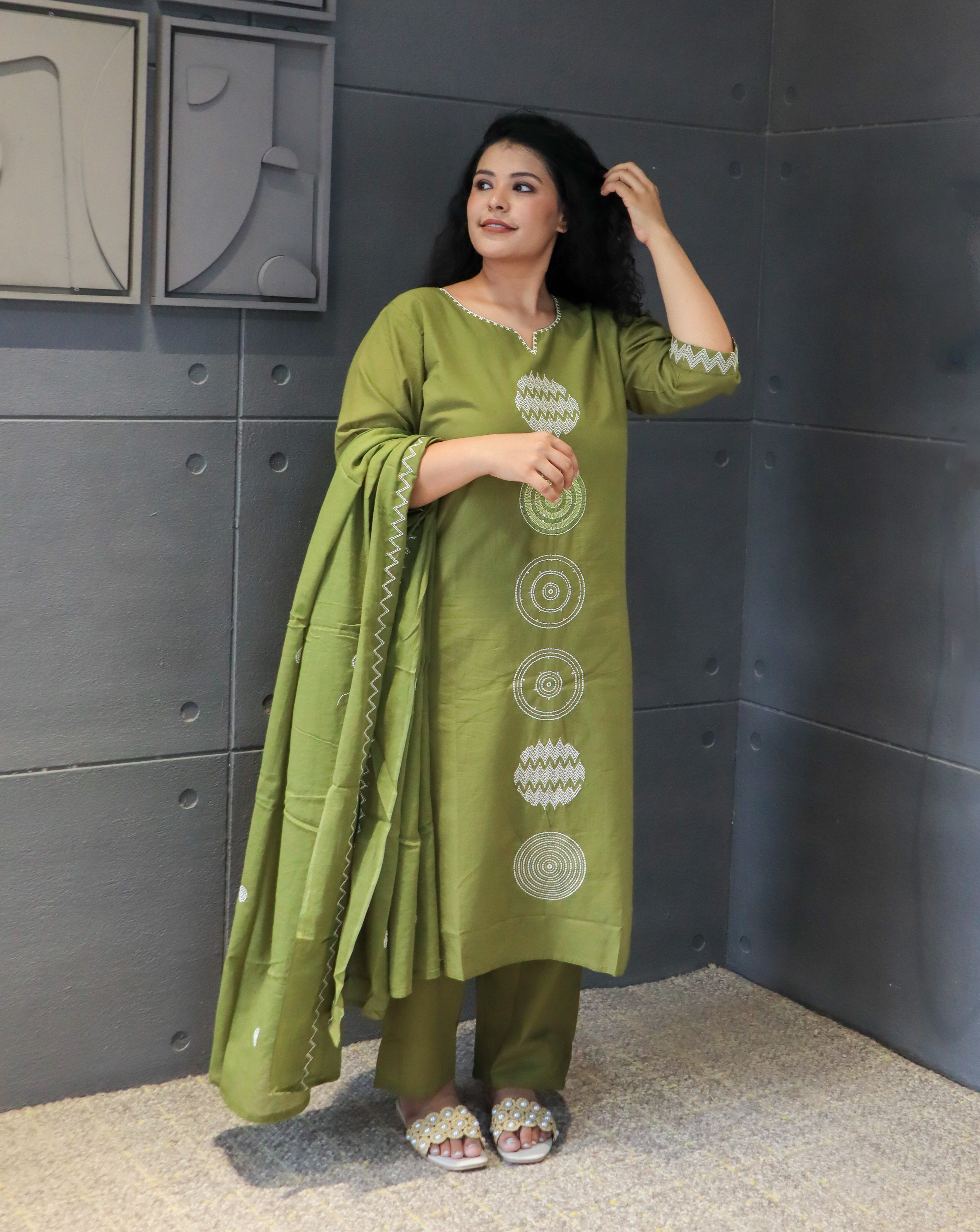 Olivia Dupatta Set – olive green embroidered cotton kurta with dupatta by Tanauri.