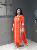 Kesariya Dupatta Set – vibrant orange cotton kurta with white embroidery by Tanauri.