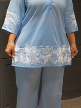 Floral embroidery details on light blue cotton fabric – Tanauri Ambari Co-Ord Set.