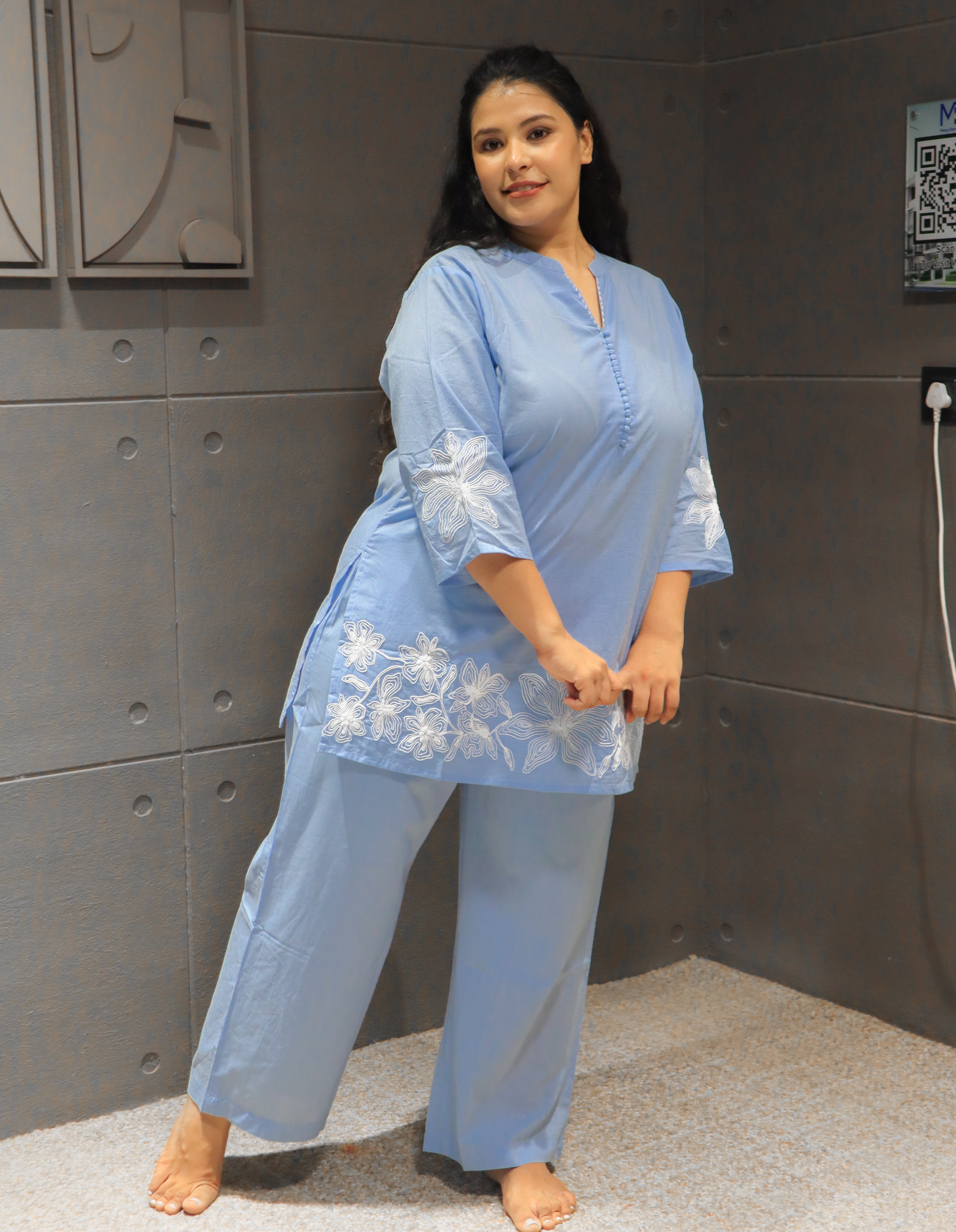 Ambari Co-Ord Set – light blue floral embroidered cotton outfit by Tanauri.