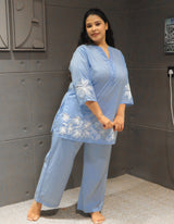 Ambari Co-Ord Set – light blue floral embroidered cotton outfit by Tanauri.