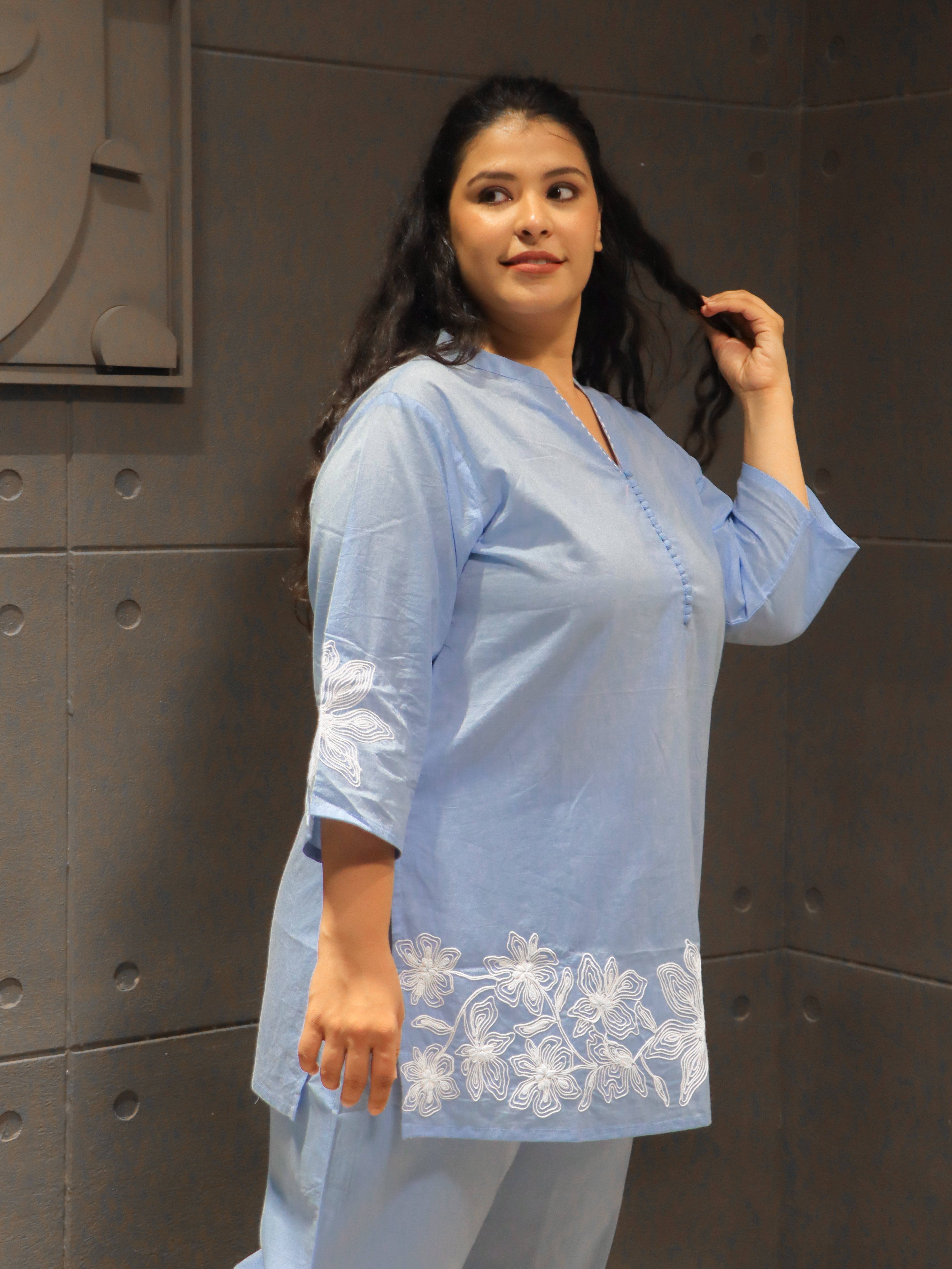 Tanauri Ambari Co-Ord Set – elegant light blue embroidered cotton outfit for everyday sophistication.