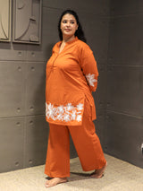 Tanauri Aarangee Co-Ord Set – handcrafted rust orange embroidered cotton outfit for women.