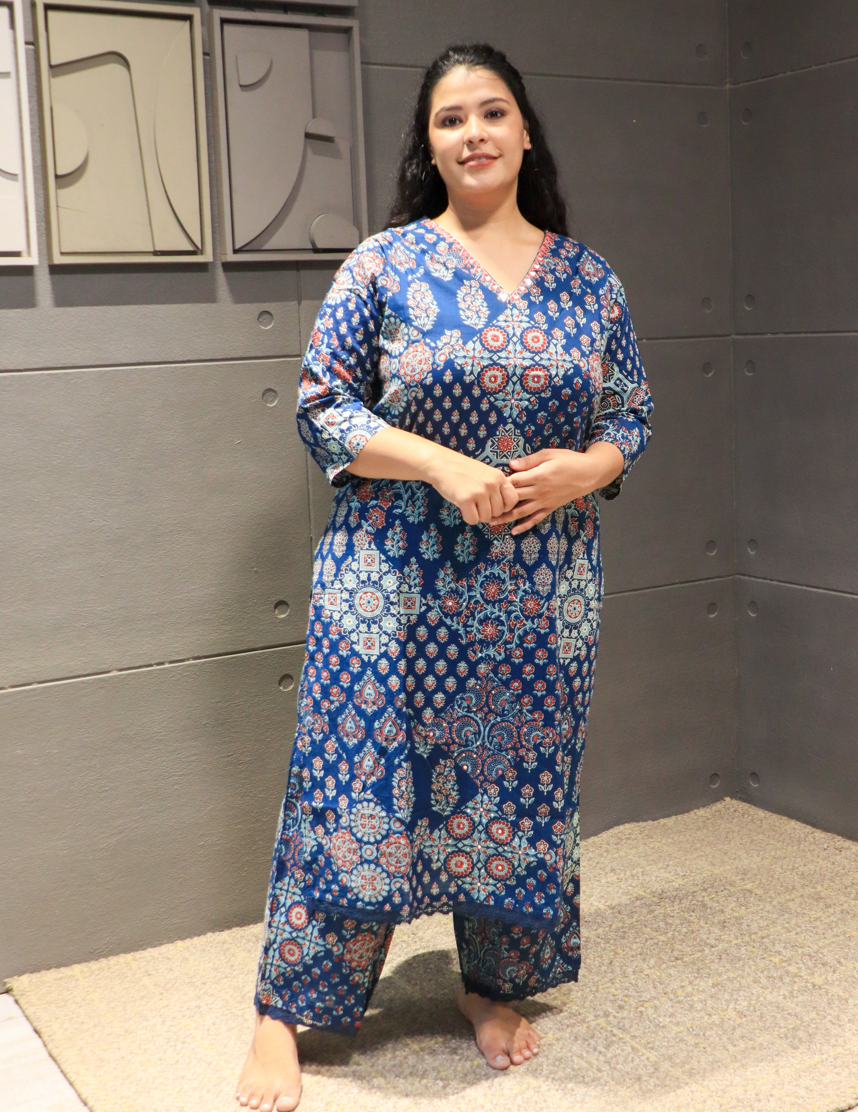 Jarokha Kurta Set – navy blue ethnic printed cotton outfit by Tanauri.
