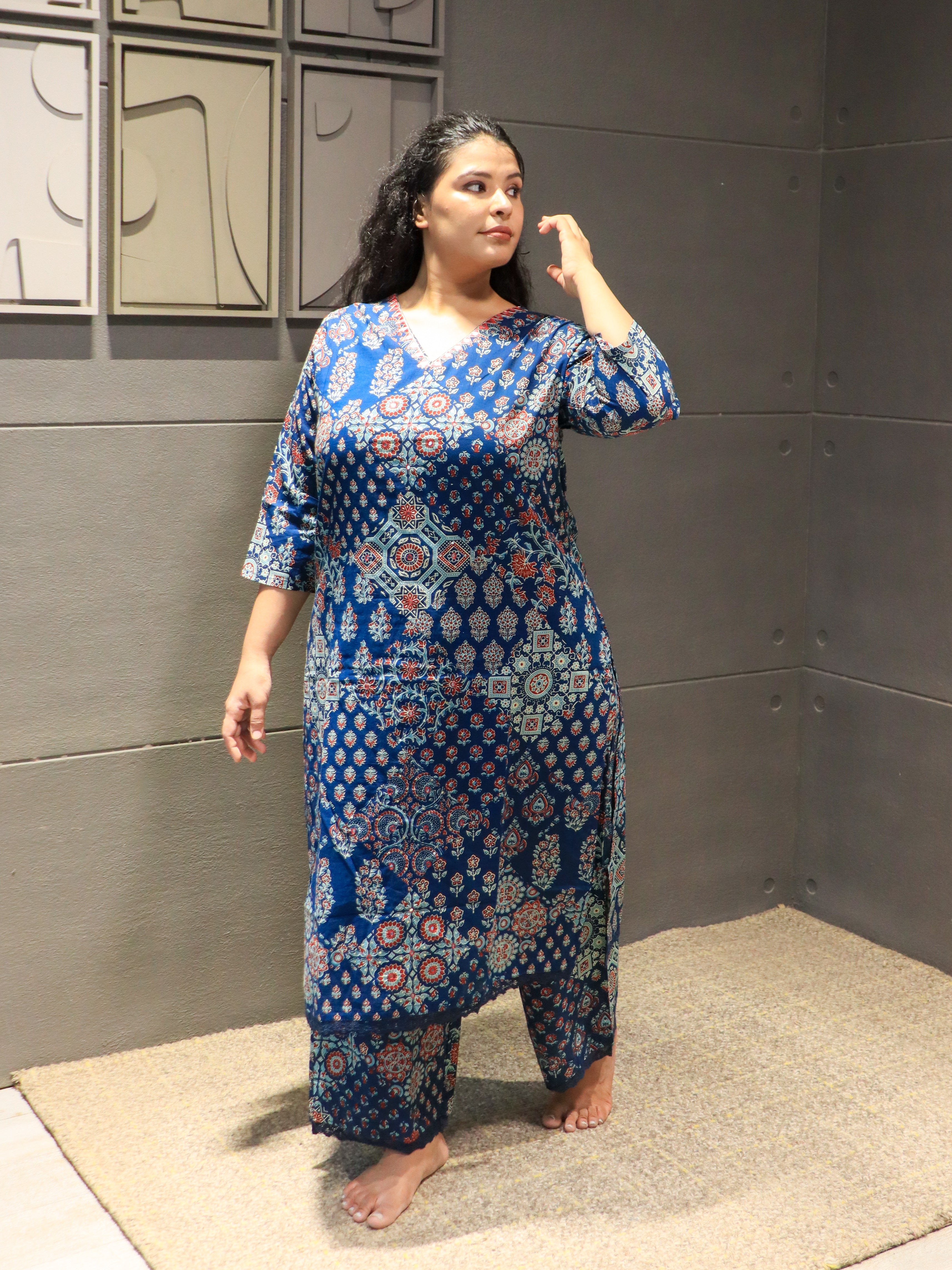Soft navy blue cotton with intricate ethnic block prints – Jarokha Kurta Set by Tanauri.