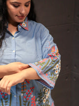 Soft light blue cotton fabric with intricate floral embroidery – Floranza Co-Ord Set by Tanauri.