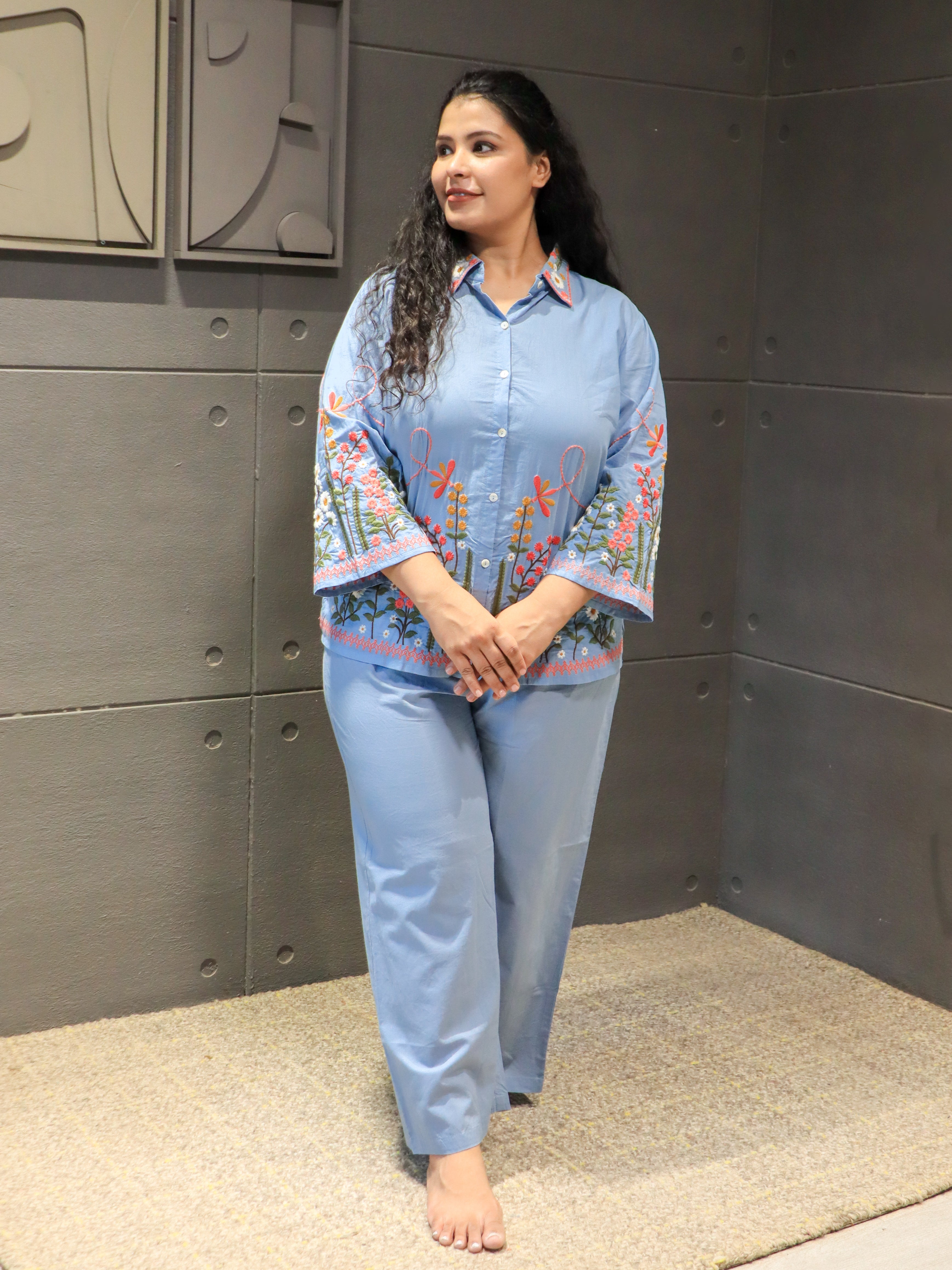 Floranza Co-Ord Set – light blue floral embroidered cotton outfit by Tanauri.