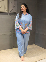 Floranza Co-Ord Set – light blue floral embroidered cotton outfit by Tanauri.