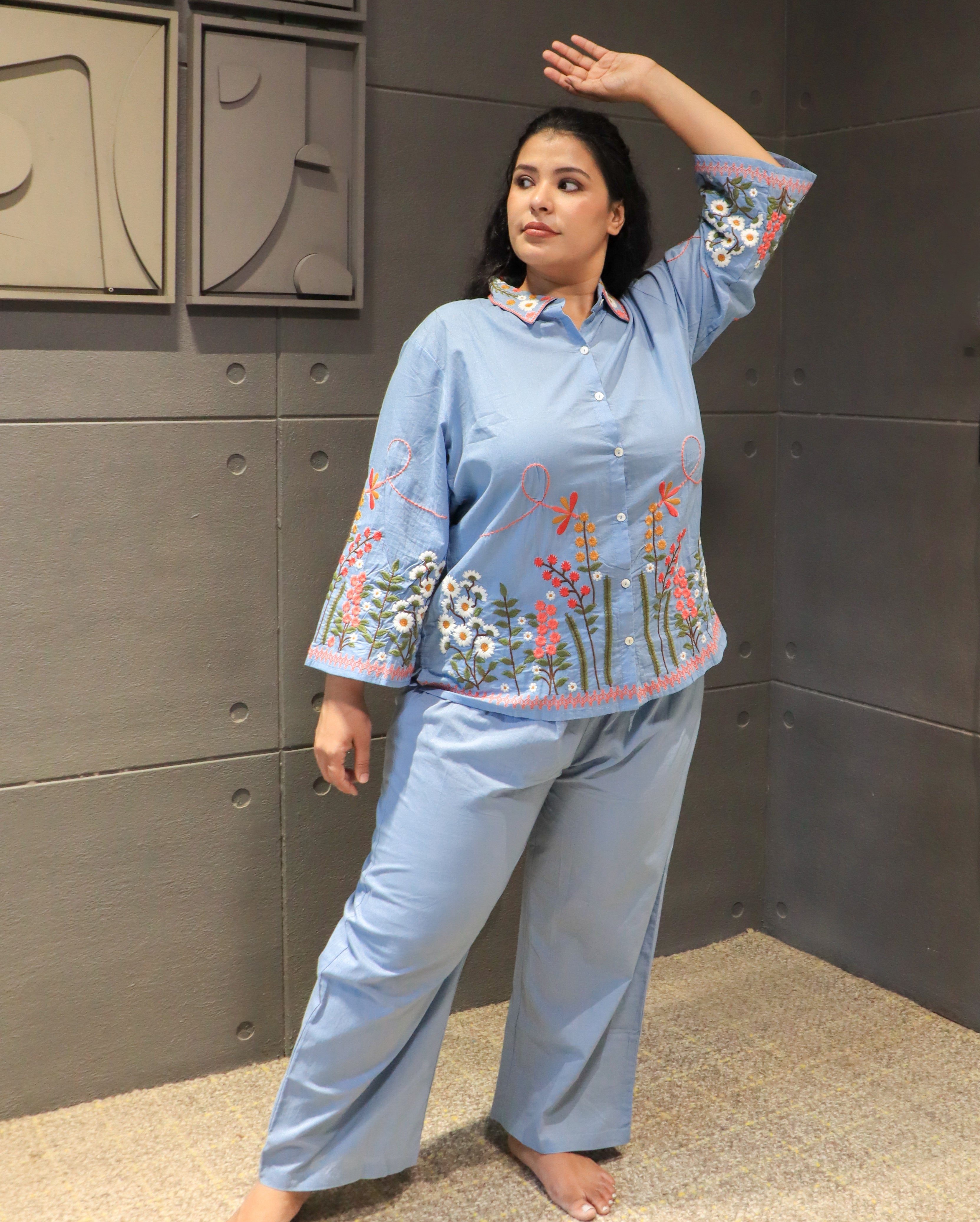 Tanauri Floranza Co-Ord Set – handcrafted light blue floral embroidered cotton outfit for women.