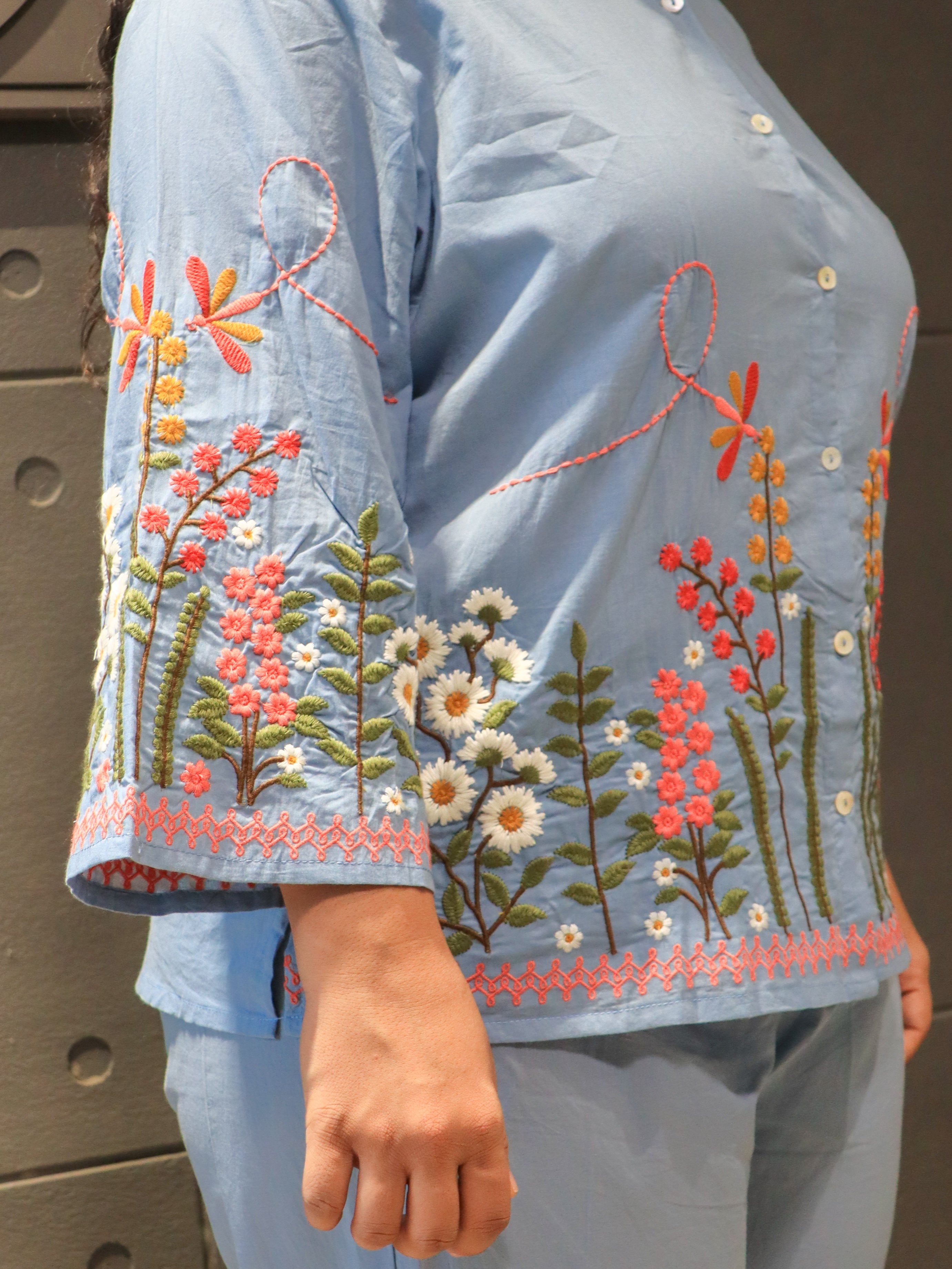 Floranza Co-Ord Set – light blue floral embroidered cotton outfit by Tanauri.