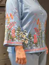 Floranza Co-Ord Set – light blue floral embroidered cotton outfit by Tanauri.