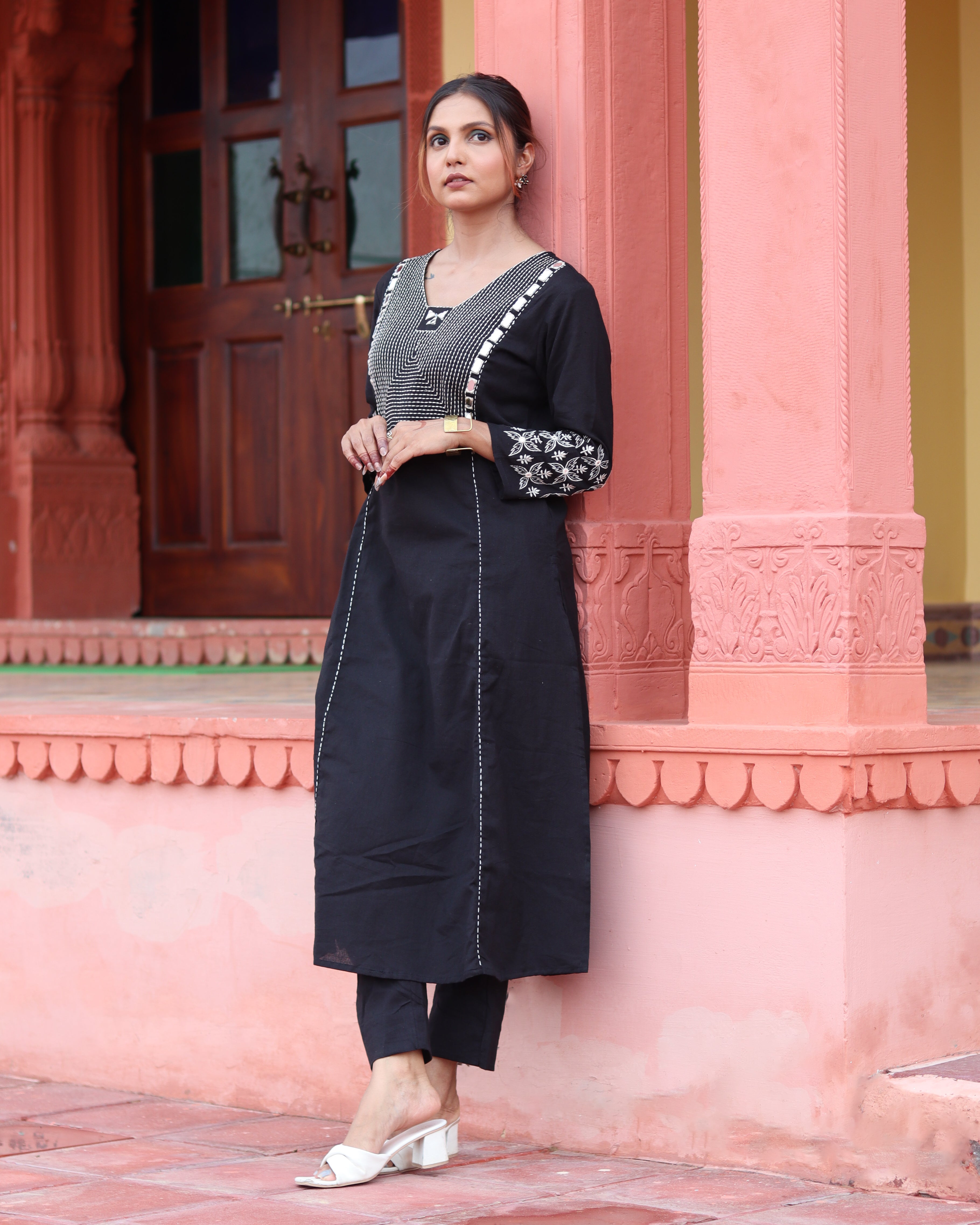Blackout Chic Kurta Set – Hand-Embroidered Cotton Blend Outfit