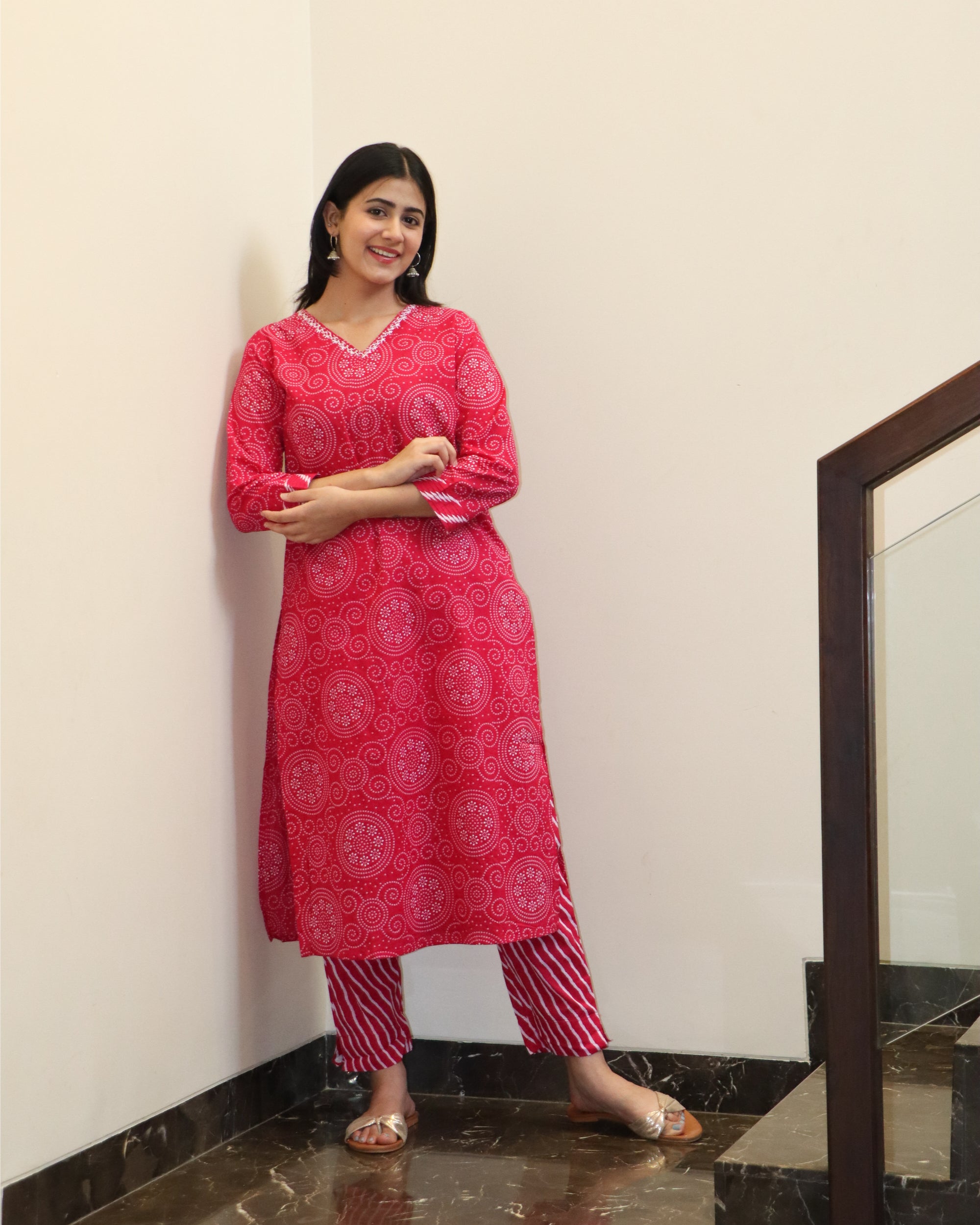 Pink Bandhej Rajasthani Kurta Set