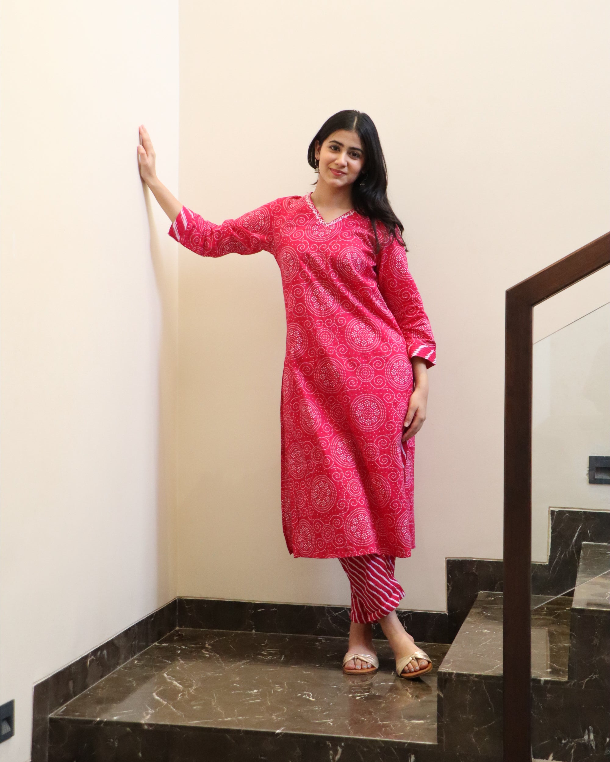 Pink Bandhej Rajasthani Kurta Set