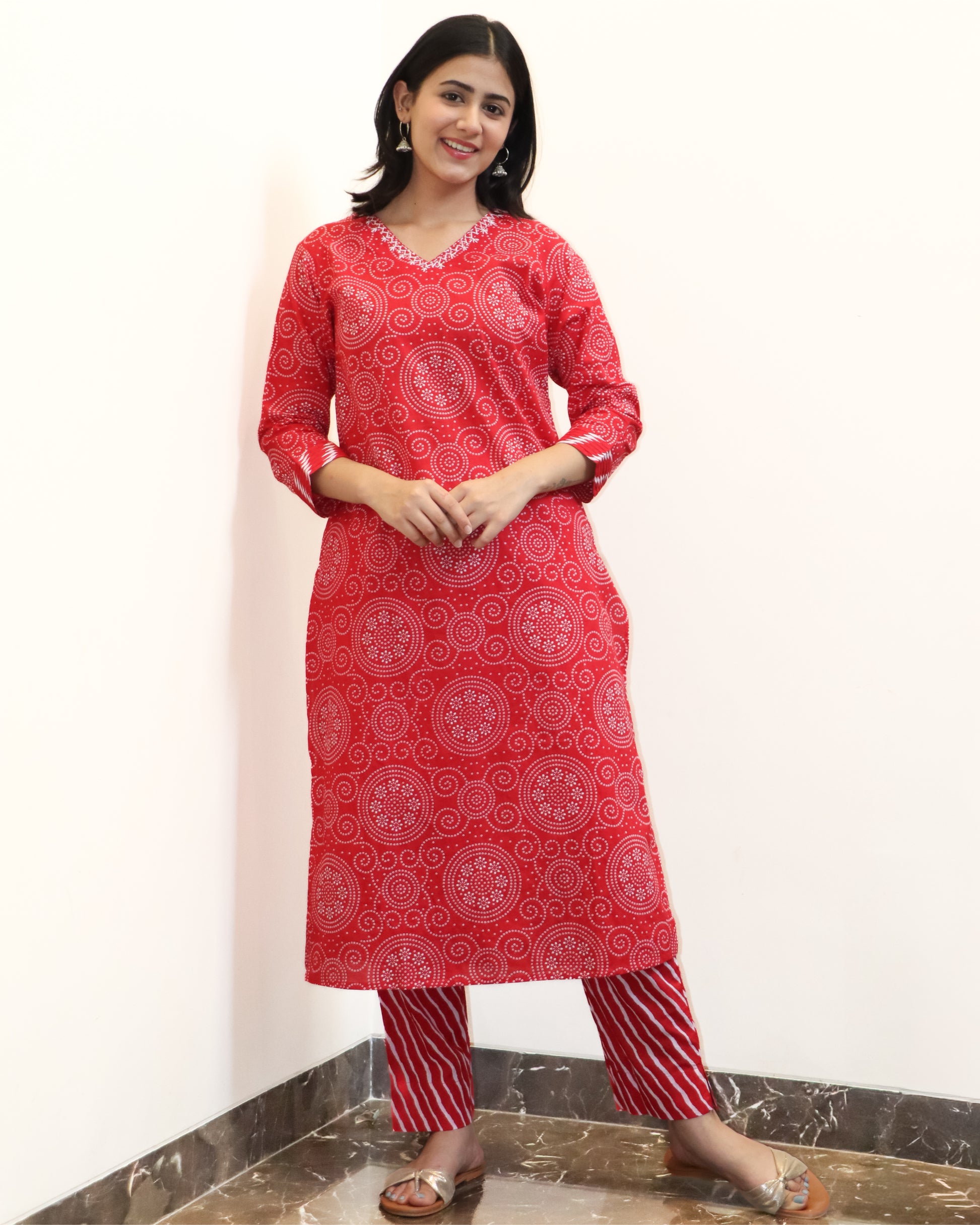 Red Bandhej Rajasthani Kurta Set