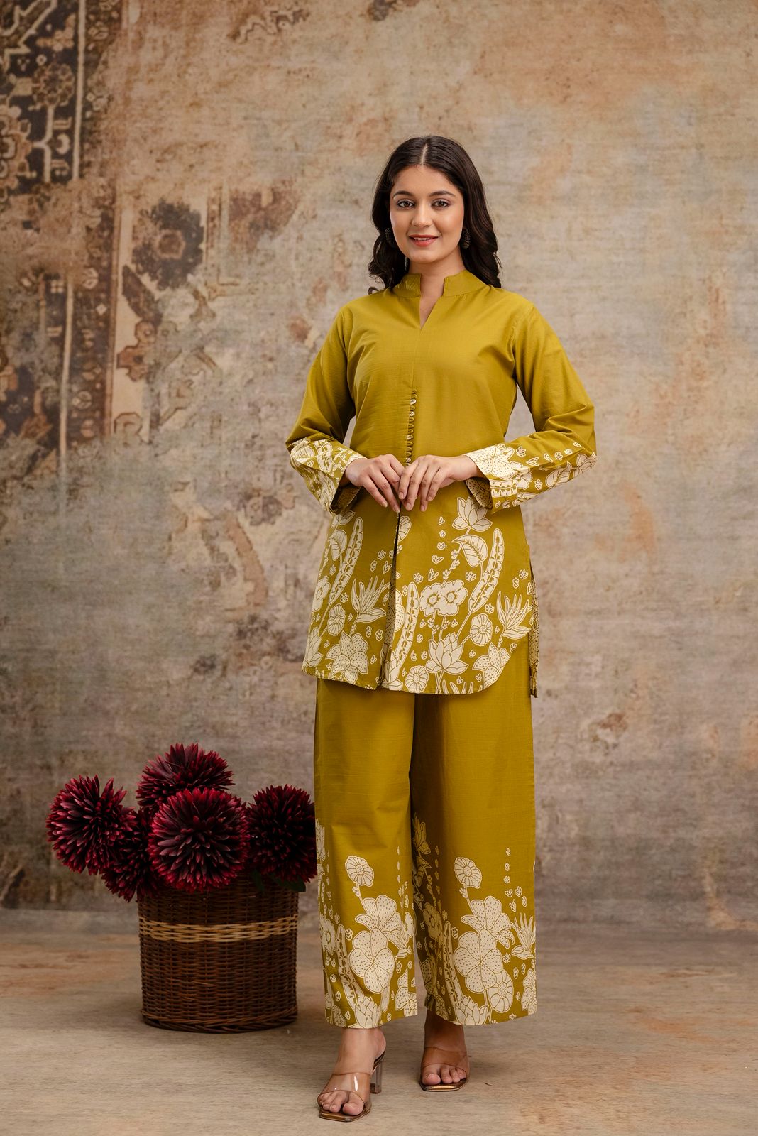 1. Mustard yellow cotton co-ord set with floral white block print  
2. Ethnic mustard kurti and pant set for women – full front view  
3. Floral printed mustard co-ord set with handcrafted detailing  
4. Mustard yellow kurti with printed sleeves and hem – cotton fabric  
5. Stylish two-piece mustard kurti and wide-leg trousers with floral print  
6. Front view of mustard ethnic wear set in breathable cotton  
7. Mustard yellow kurti and pant set for women – traditional floral motifs  
8. Elegant block-print