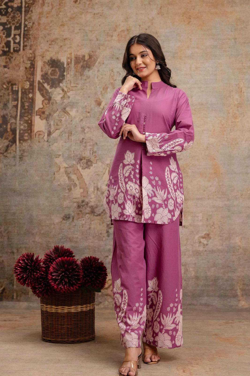 Onion pink kurti set

Printed cotton coord set for women

Summer co-ord sets India

Floral kurti and pant set online

Comfortable ethnic wear for office