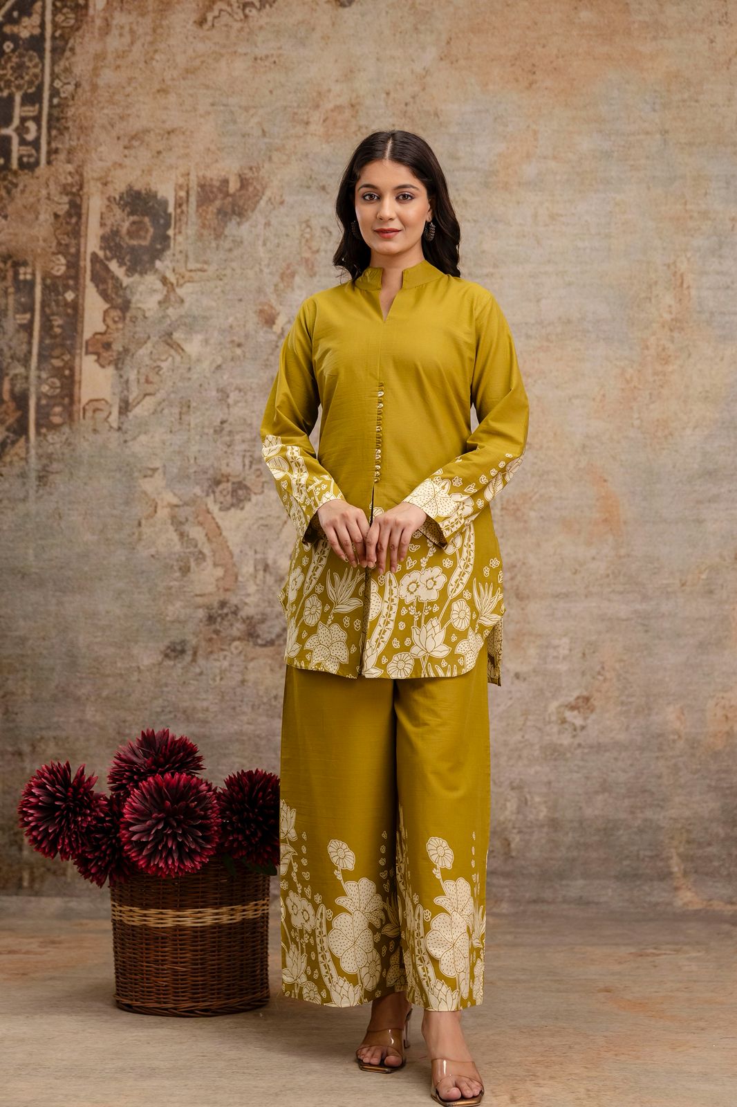 1. Front view of mustard floral co-ord set with straight kurti and pants  
2. Mustard yellow cotton kurti set with ethnic white block print  
3. Elegant mustard kurti and wide-leg pant set for women – ethnic wear  
4. Two-piece mustard ethnic set with floral print and handcrafted buttons  
5. Mustard co-ord set with long kurti and printed cuffs – full look  
6. Stylish mustard cotton kurti set with floral motifs and relaxed fit  
7. Women’s mustard kurti and pant co-ord – ethnic fashion outfit  
8. Front