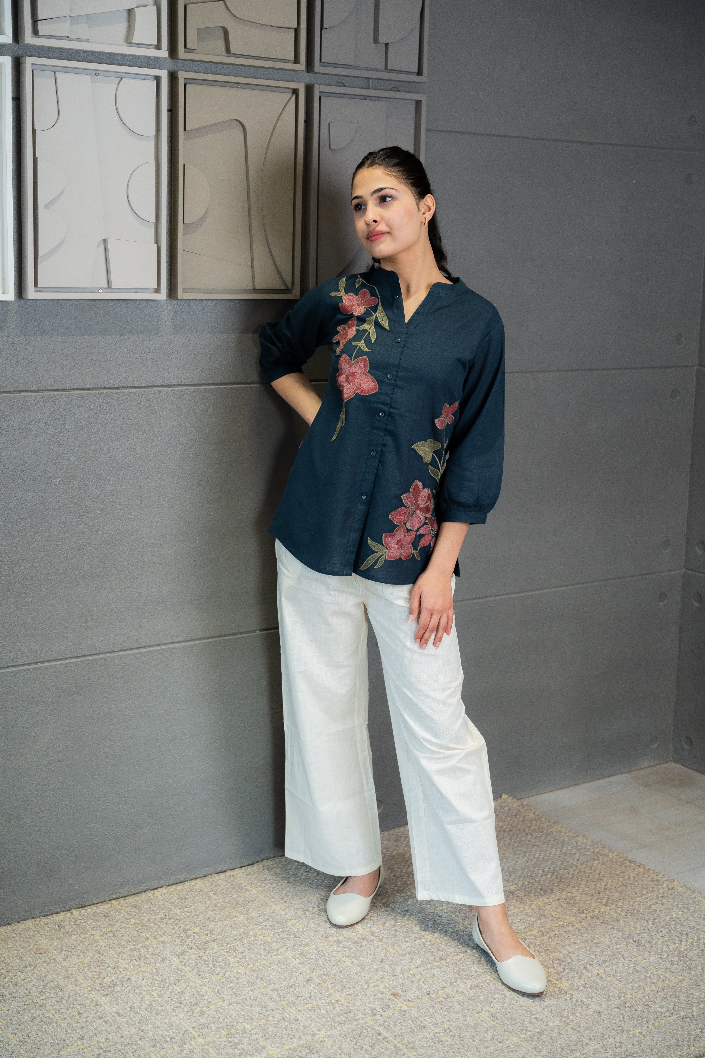 Blue Floral Embroidered Top